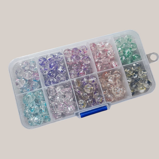 Boîte de 10 Compartiments – Perles Transparentes Tachetées – 8 mm – 200 Perles