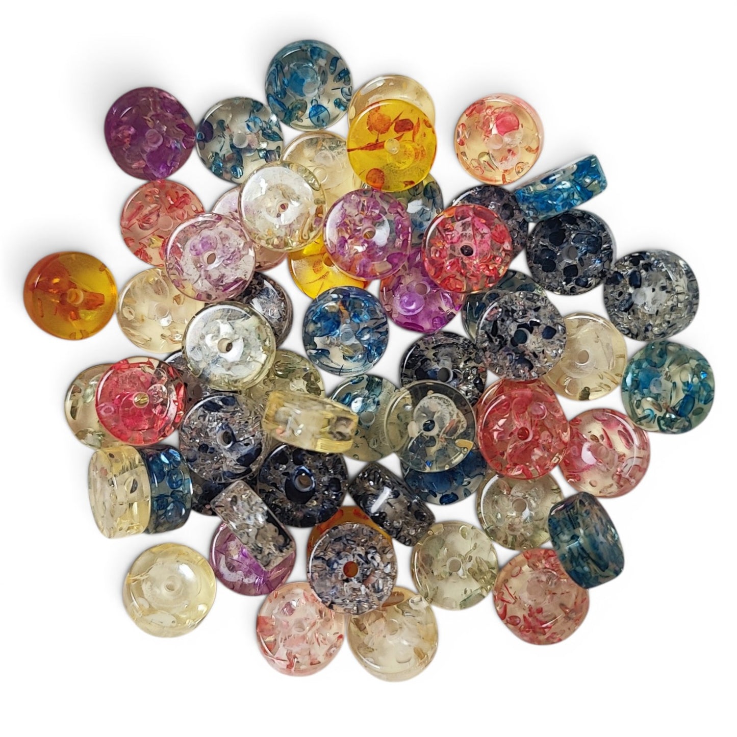 Lot de 10 perles en résine imitation ambre – Rondes plates – Couleurs assorties – 11 x 5 mm