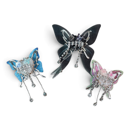 Perle spéciale tige – Papillon décoré de fleurs, pampilles et strass – Coloris au choix