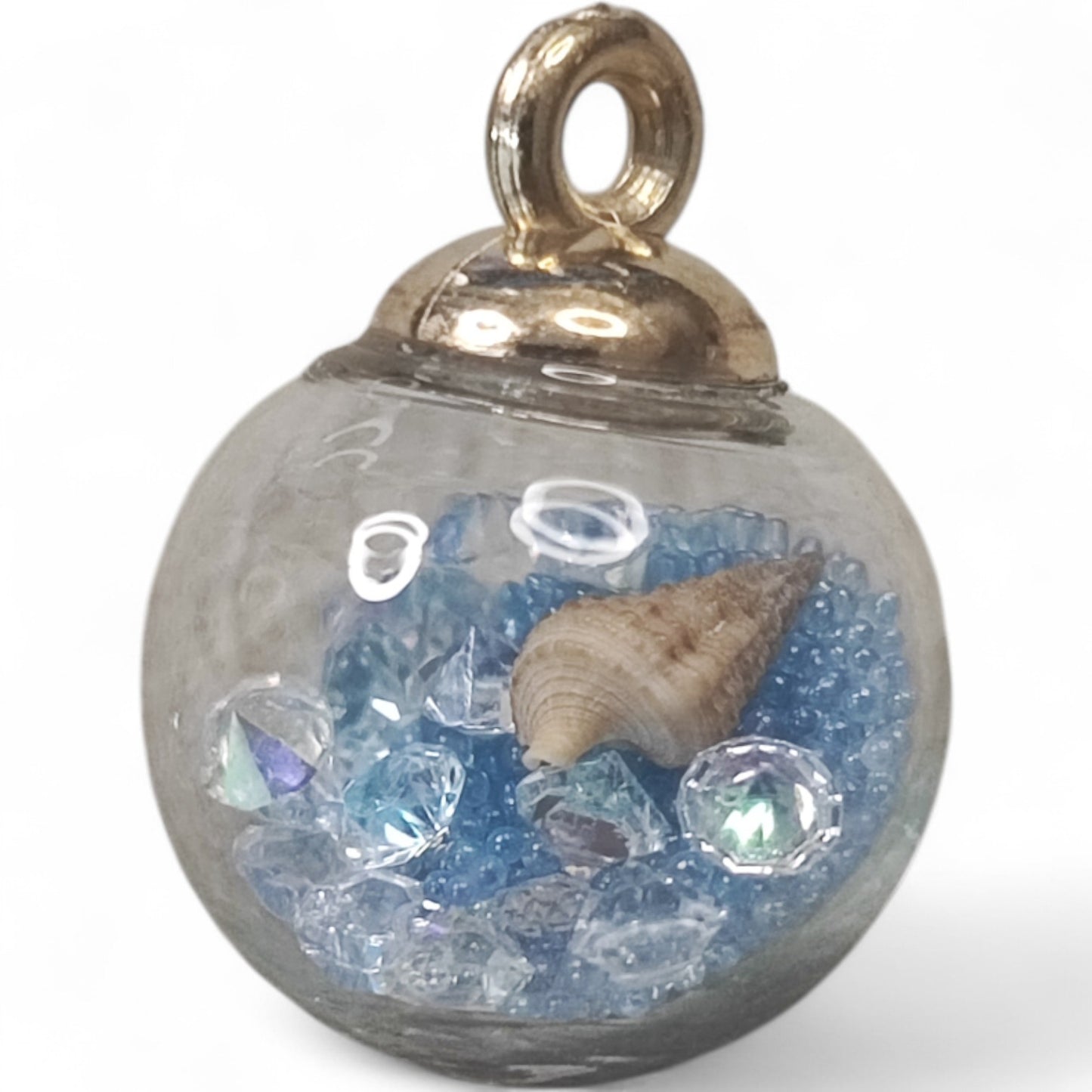 x1 Pendentif Globe en Verre avec mini perles, strass & coquillage – 16x21 mm