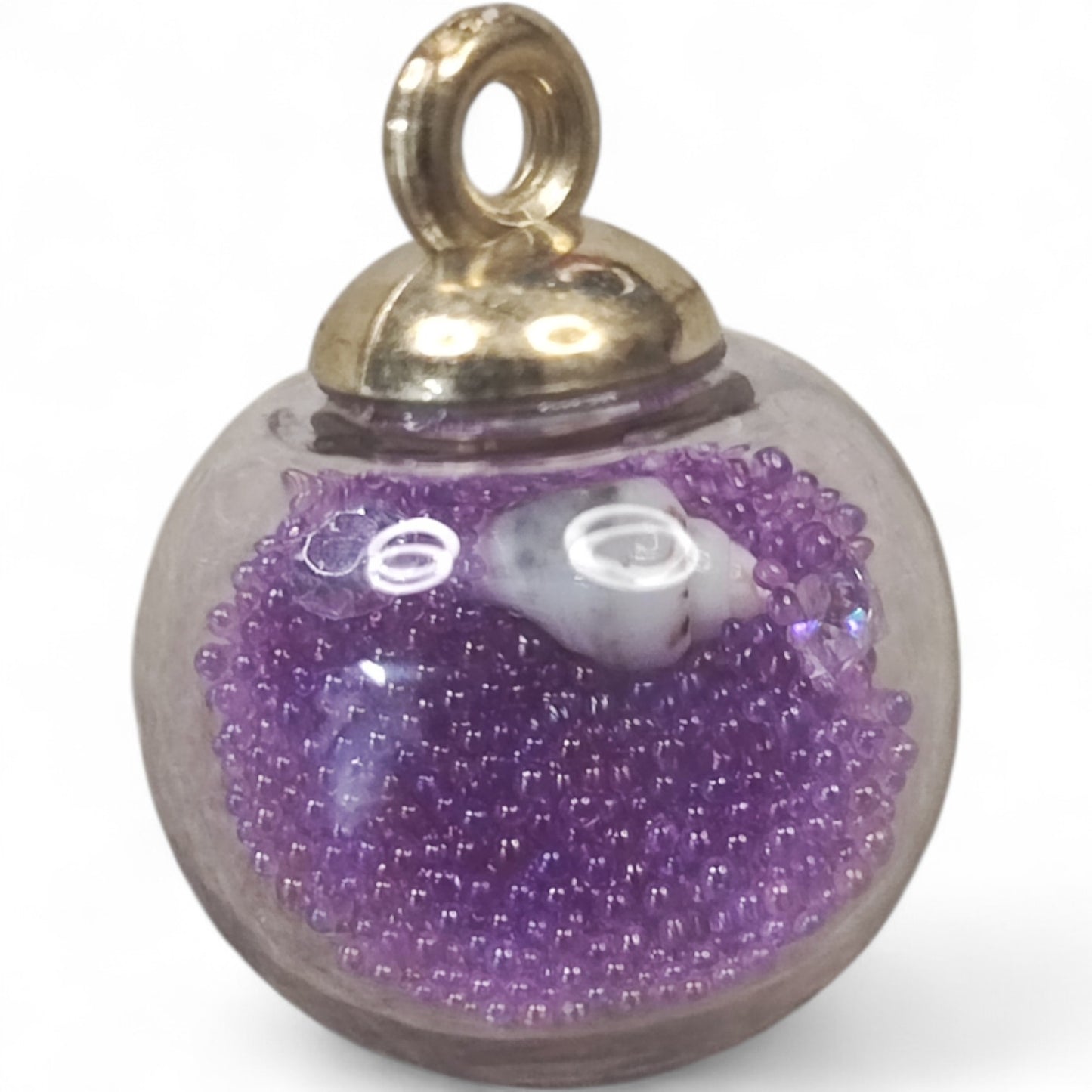 x1 Pendentif Globe en Verre avec mini perles, strass & coquillage – 16x21 mm
