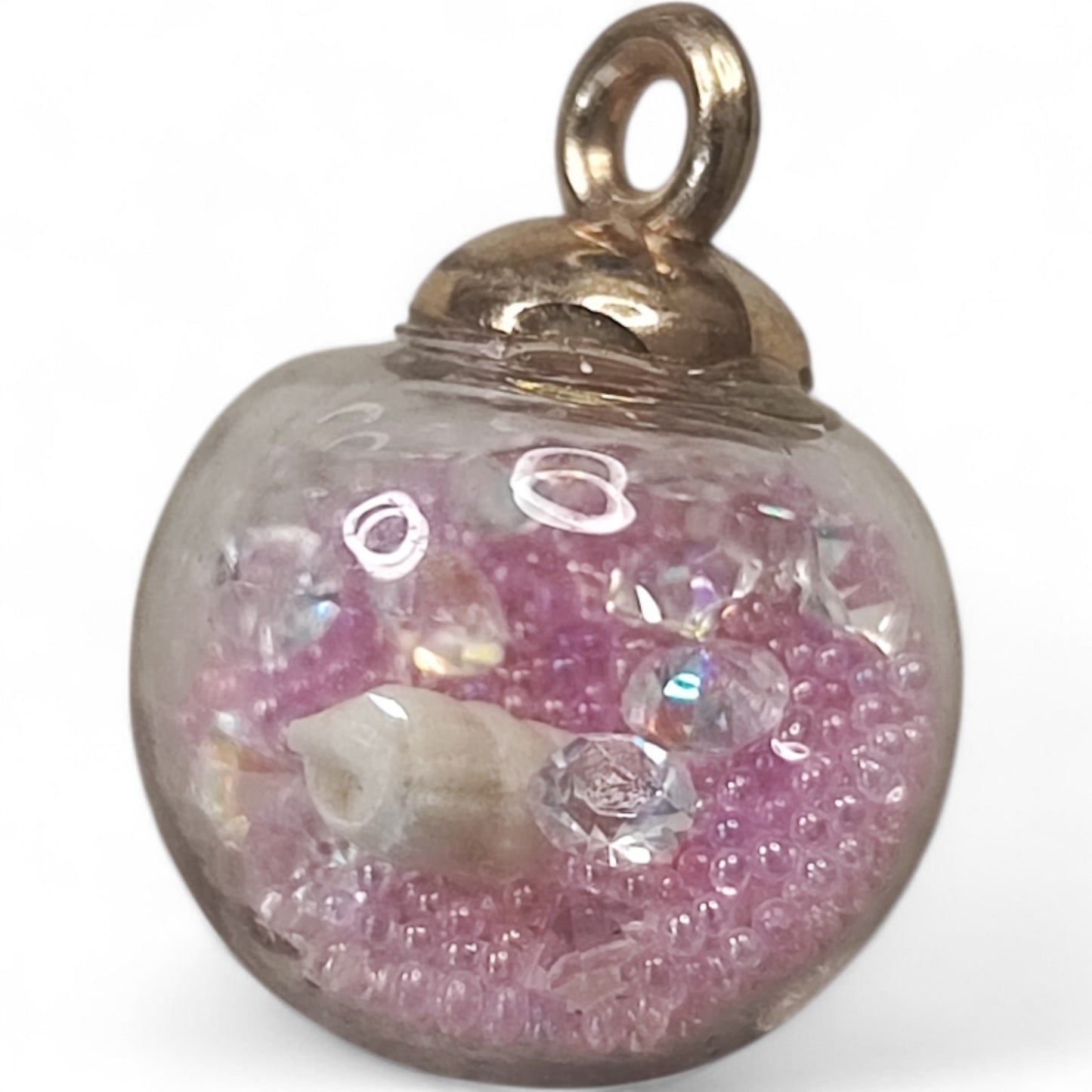x1 Pendentif Globe en Verre avec mini perles, strass & coquillage – 16x21 mm