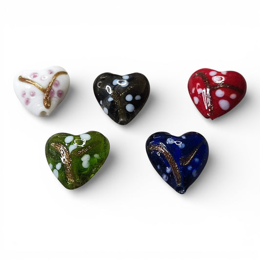 x1 Perle cœur artisanale en verre filé au chalumeau et sable d’or – 20 mm