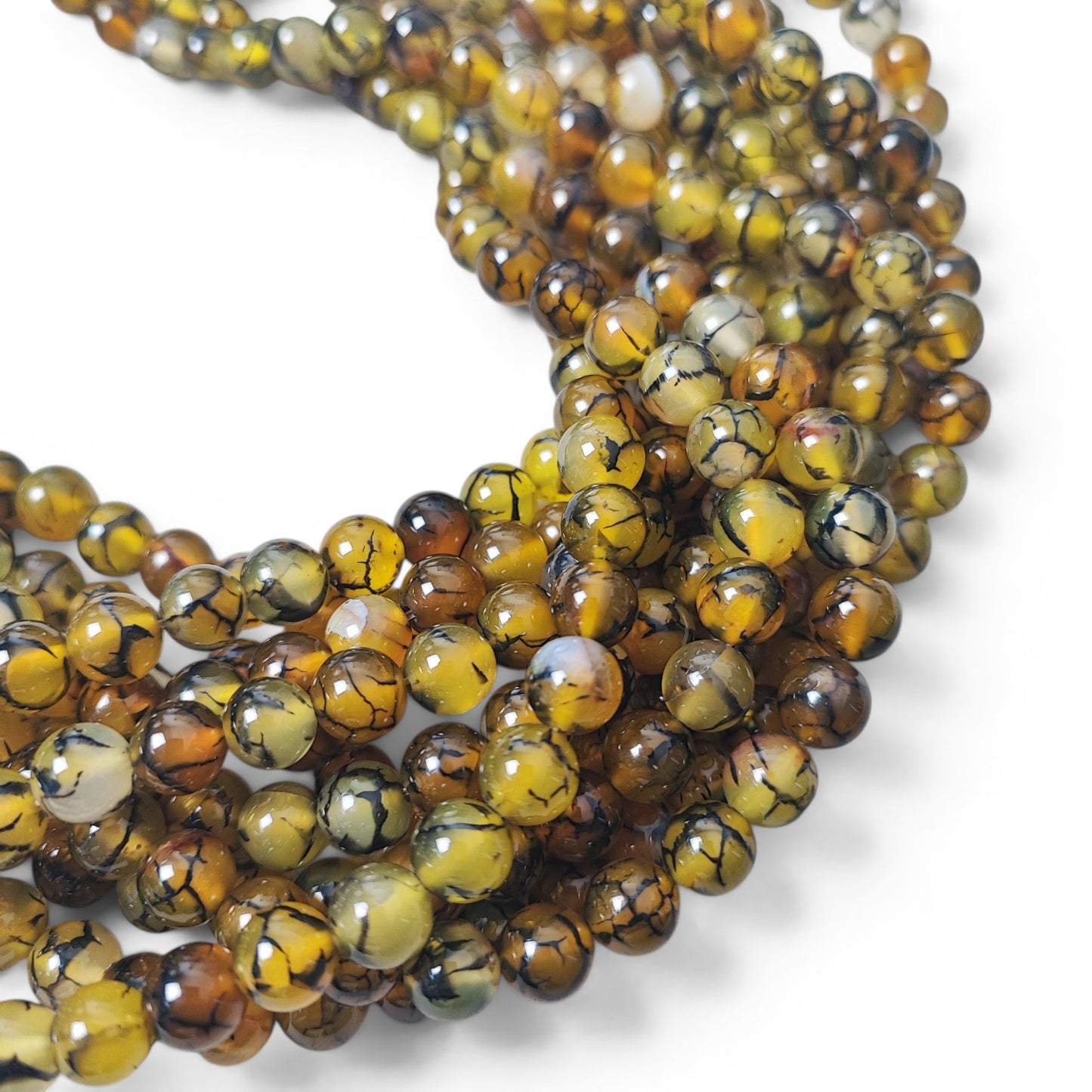 Fil de perles d’agate à veines de dragon naturelles teintées – Rondes olive 8 mm