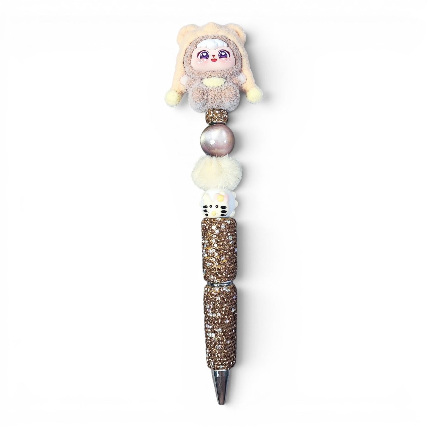 Stylo à tige customisé beige champagne – Strass et perles fantaisie
