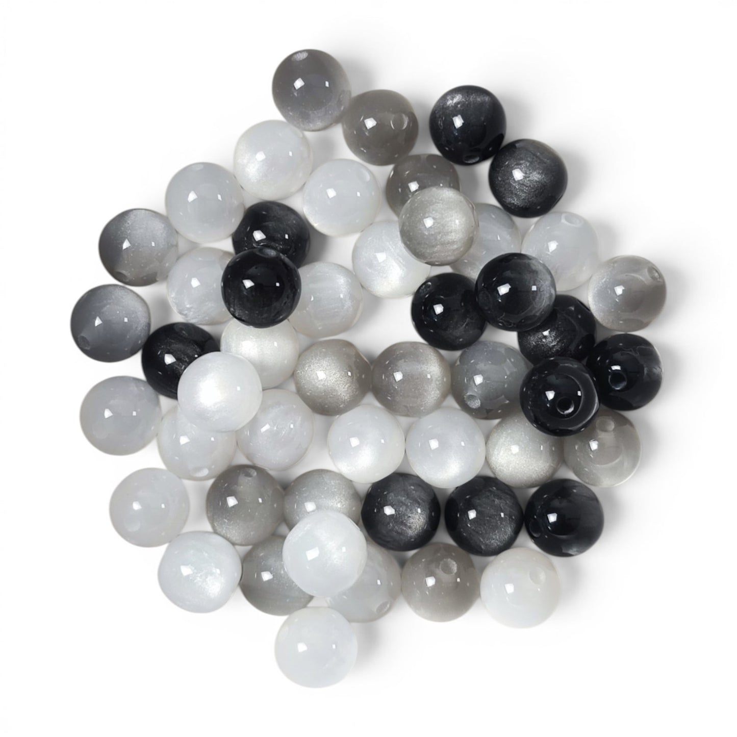 Lot de 10 perles en résine œil de chat pailletée – Noir/Gris et Blanc – 10 mm