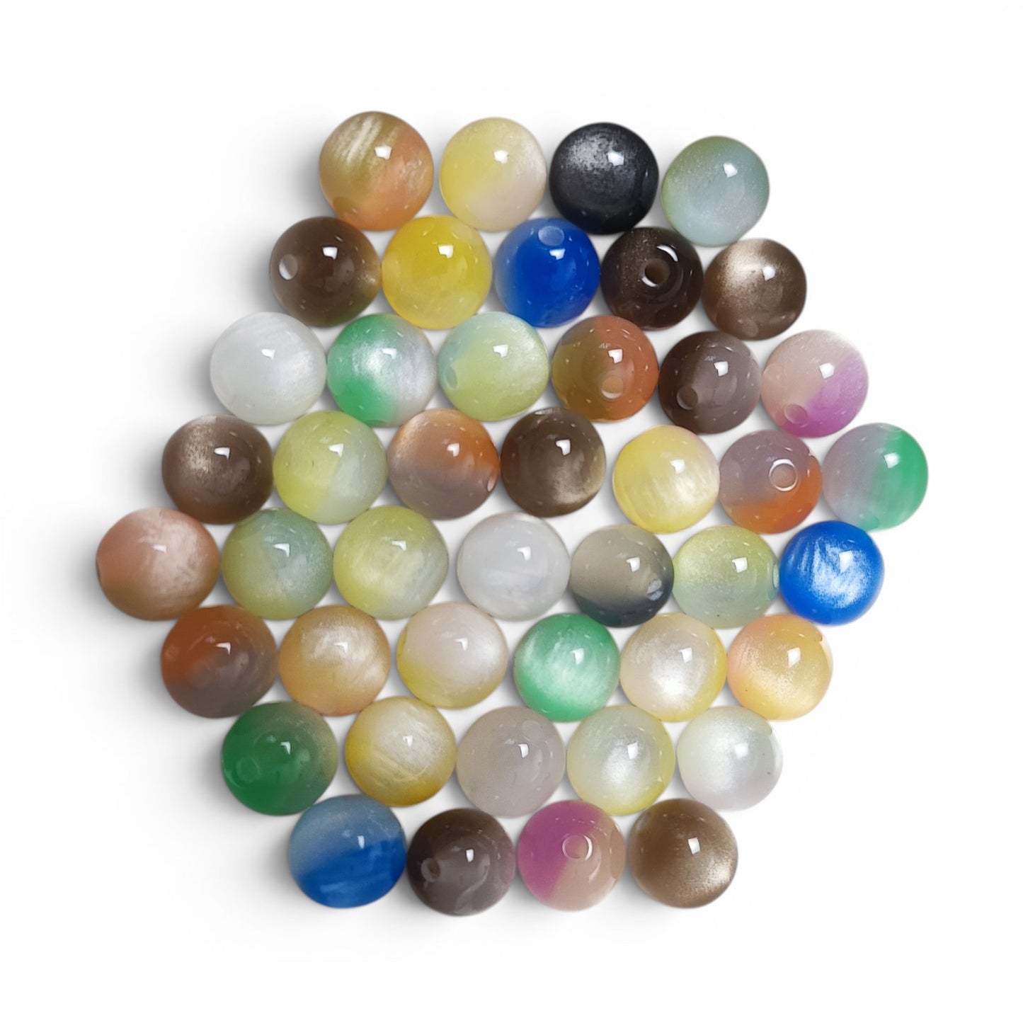 Lot de 10 perles en résine imitation œil de chat bicolores pailletées – 10 mm