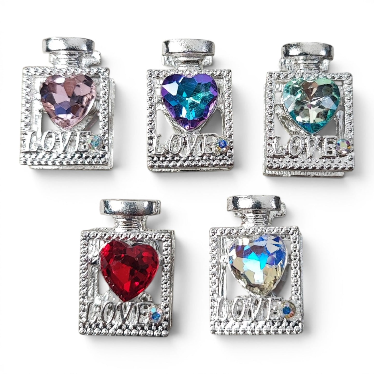 Perle bouteille de parfum "Love" en métal avec cabochon cœur – Compatible tiges