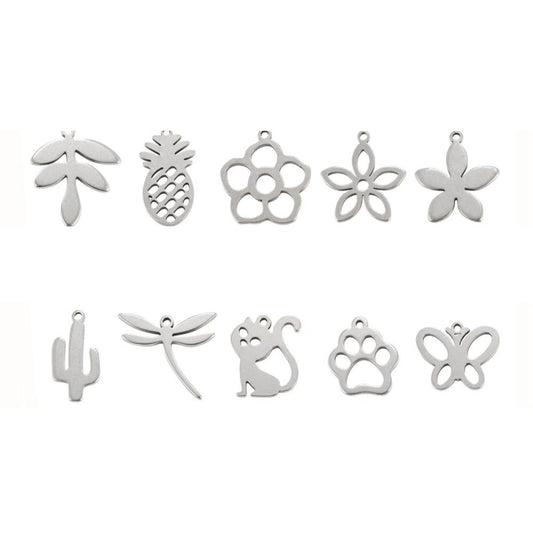 Lot de 10 Pendentifs Découpés au Laser en Acier Inoxydable 304 – Motifs Variés