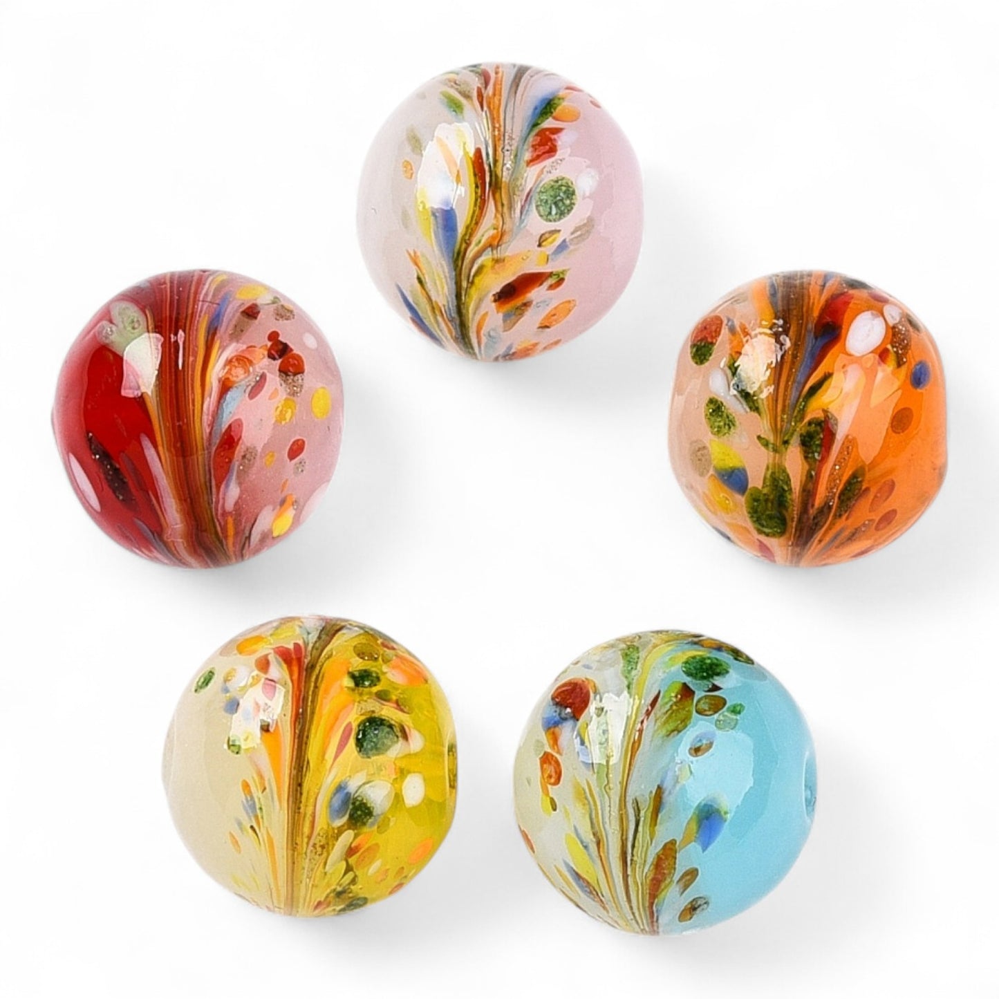 x1 Perle artisanale en verre soufflé – Rondes à motif fleur/épi – Bicolores – 12 à 12,5 mm