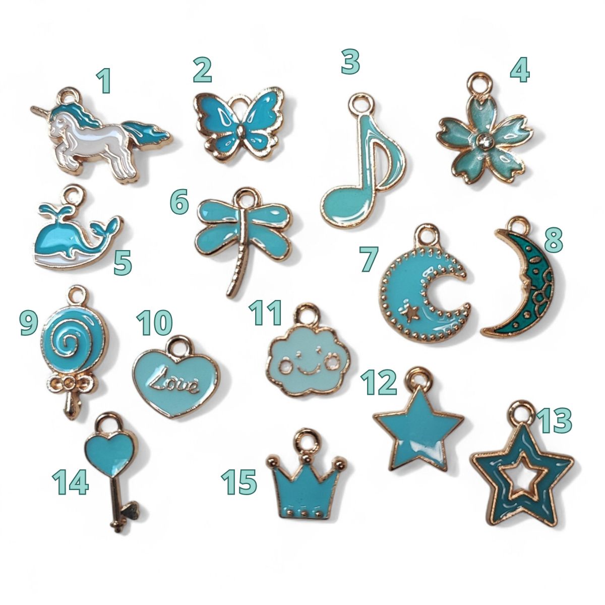 Breloques Dorées et Émaillées bleues – Motifs au Choix
