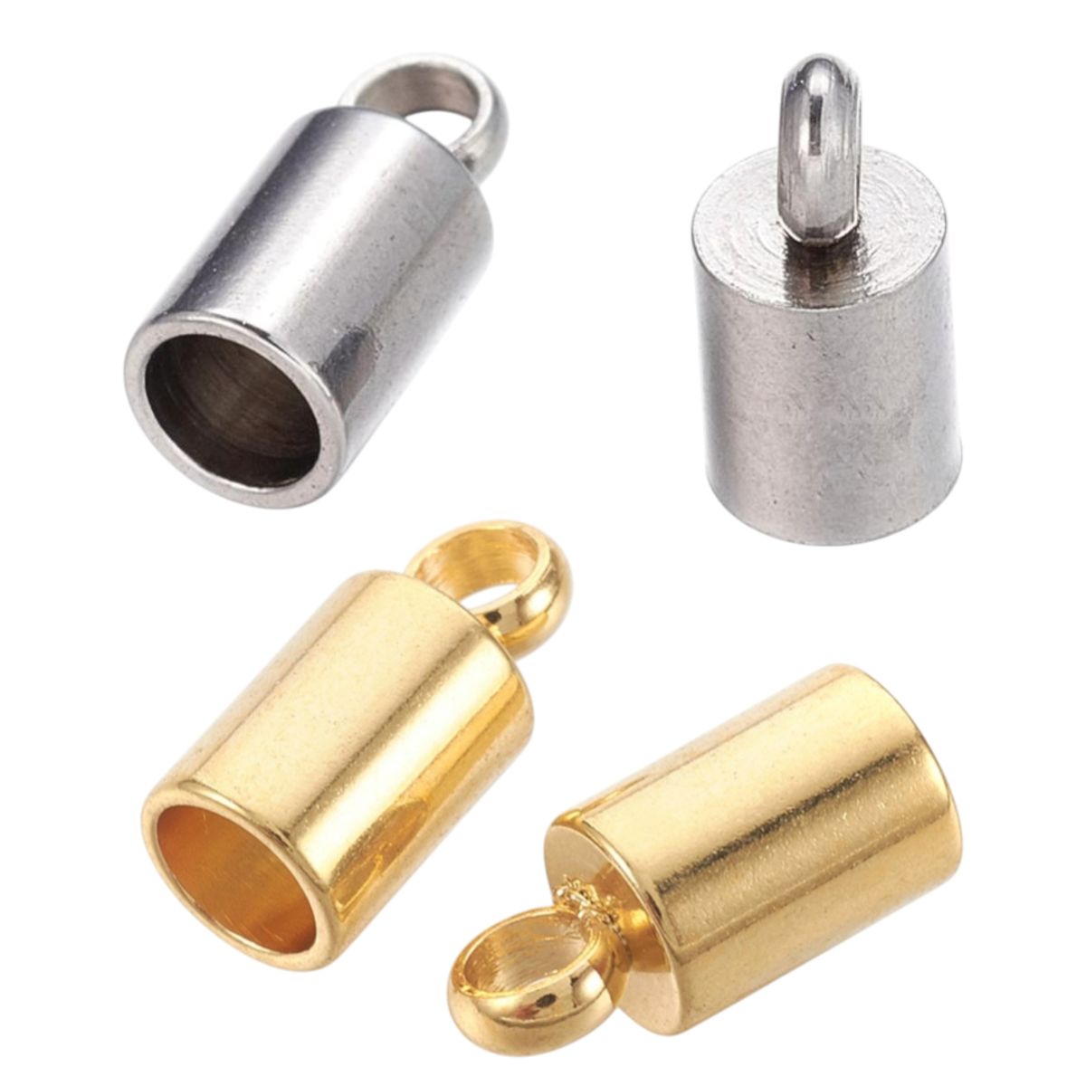 x2 Embouts Cylindriques avec Anneau – Acier Inoxydable 304 – pour cordon 4 mm