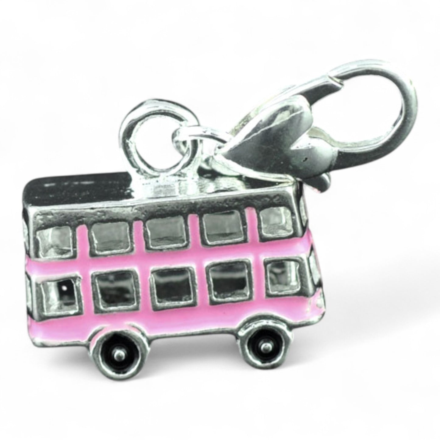 Charm Bus Anglais 3D – Émaillé Rose et Fermoir Argenté