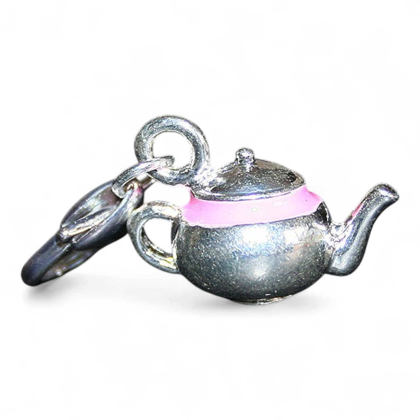 x1 Breloque Théière Émaillée – Noir ou Rose – Métal Argenté 3D avec Fermoir