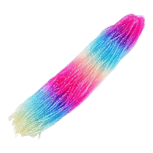 x1 Fil de Perles de verre – Biconiques facettées dégradées 6 mm – Fushia, Bleu, Violet et Jaune