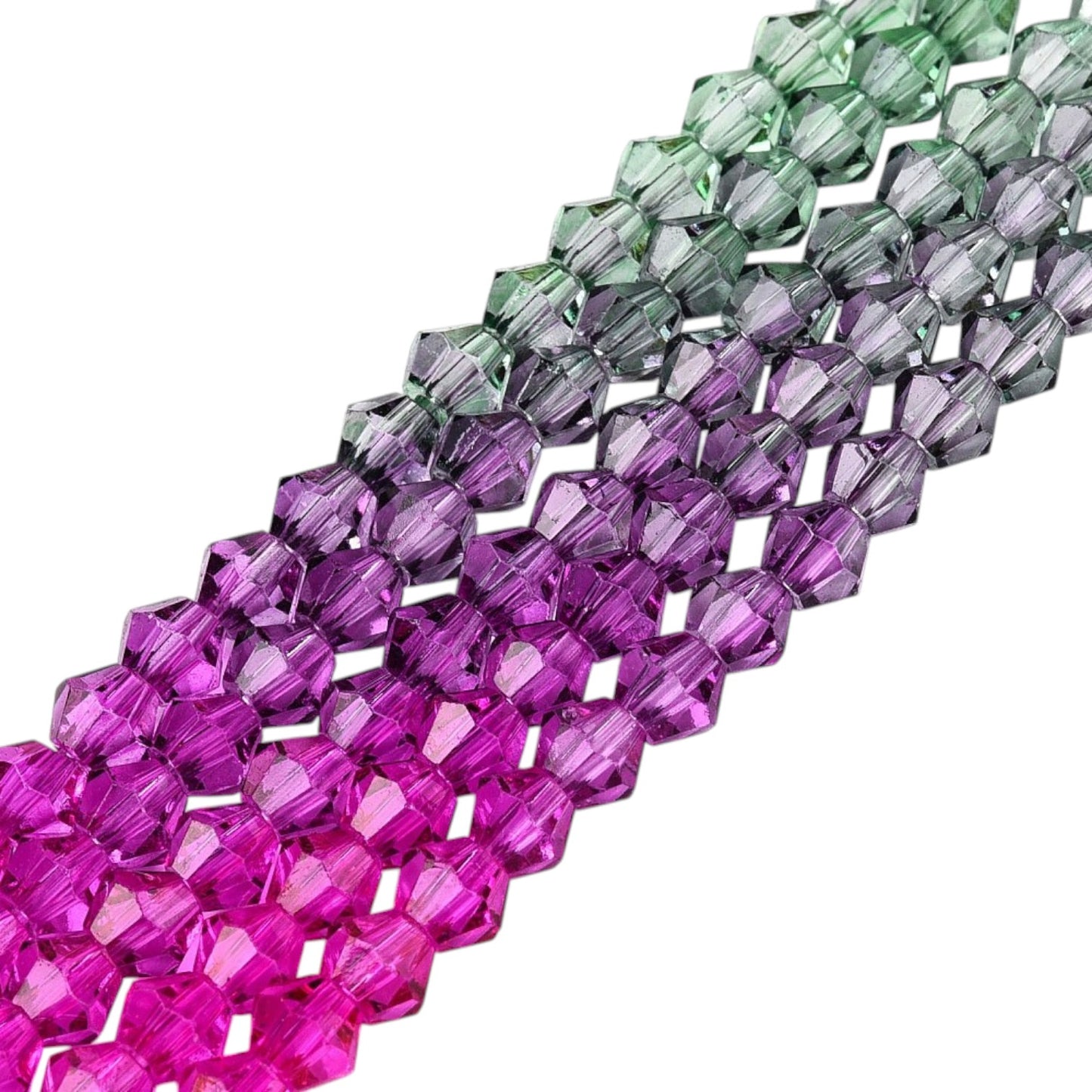 x1 Fil de Perles de verre – Biconiques facettées dégradées 6 mm – Fushia, Violet et Vert