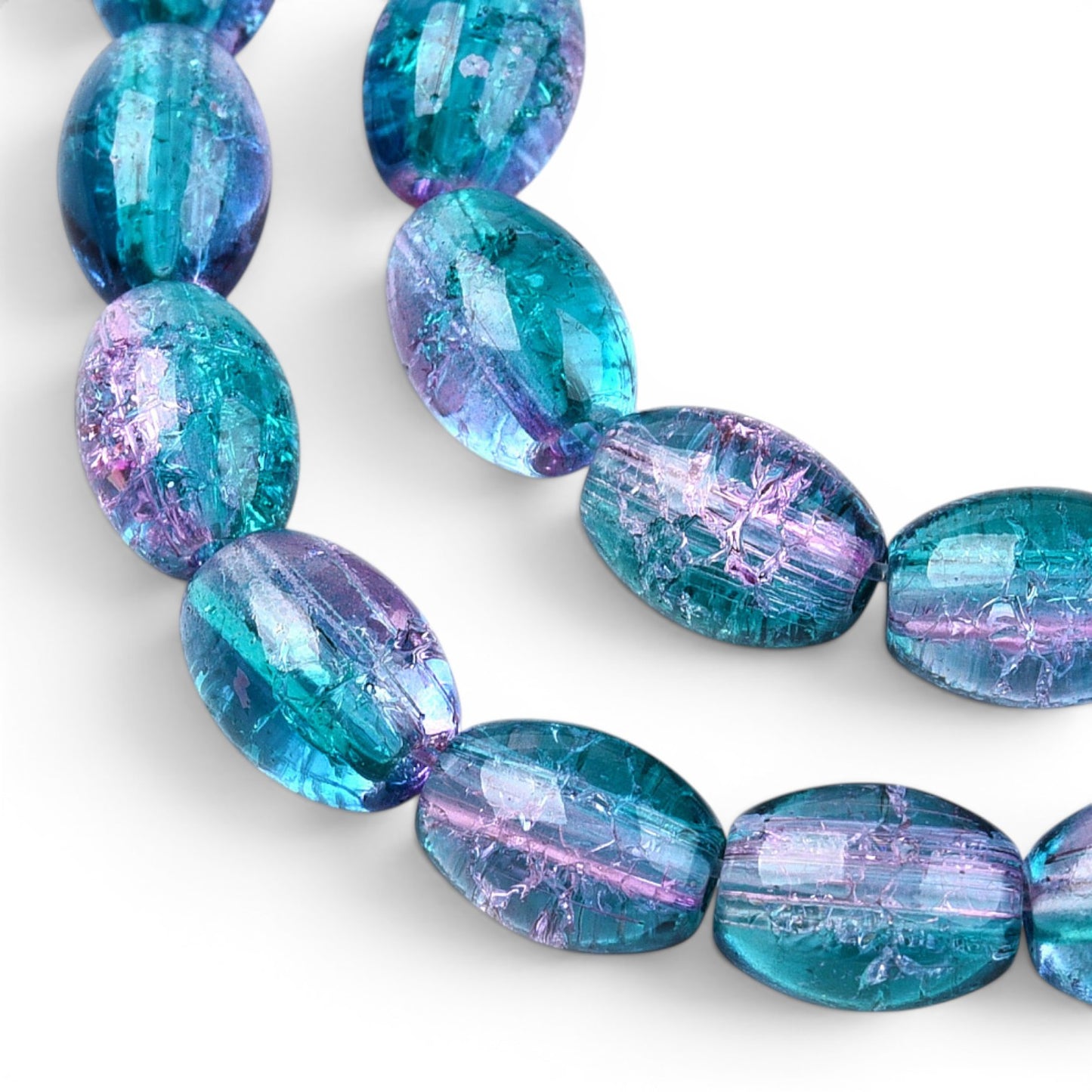 Fil de Perles de verre craquelé transparent – Ovales bleu et rose 8 x 6 mm