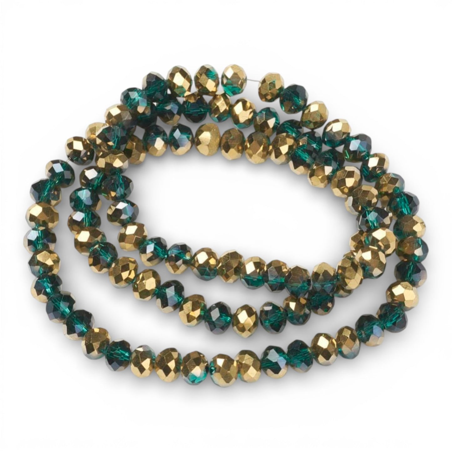 x1 Fil de Perles rondelles facettées en verre électroplaqué – Vert Foncé et Doré– 6 x 5 mm