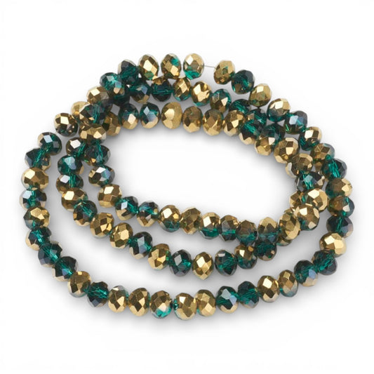 x1 Fil de Perles rondelles facettées en verre électroplaqué – Vert Foncé et Doré– 6 x 5 mm