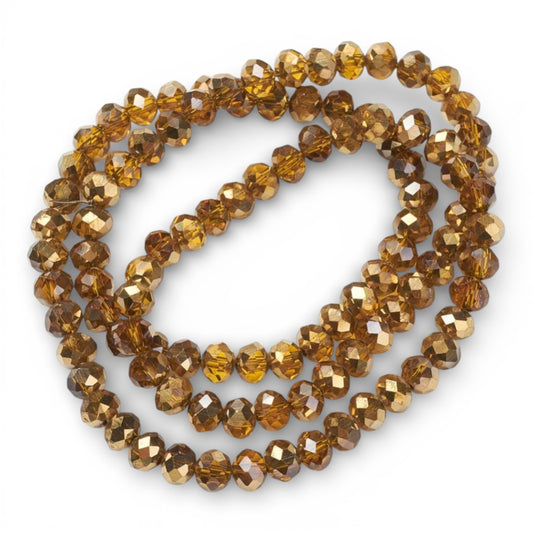 x1 Fil de Perles rondelles facettées en verre électroplaqué – Ambré et Doré– 6 x 5 mm