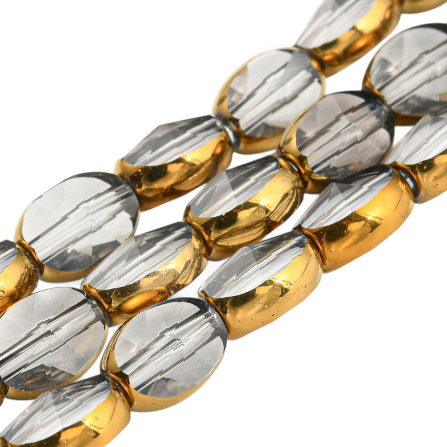 x1 Fil de Perles de Verre Transparentes Électroplaquées – Ovales à Facettes – Bord Doré