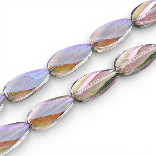 x1 Fil de Perles de verre électroplaquées – Ovales torsadées – Bleu et Reflets Violet