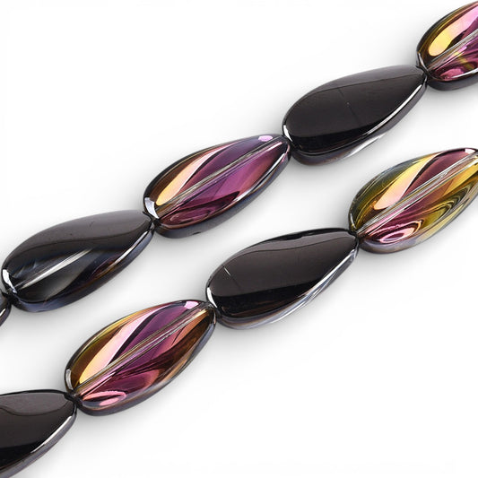 x1 Fil de Perles de verre électroplaquées – Ovales torsadées – Noir Reflets violet
