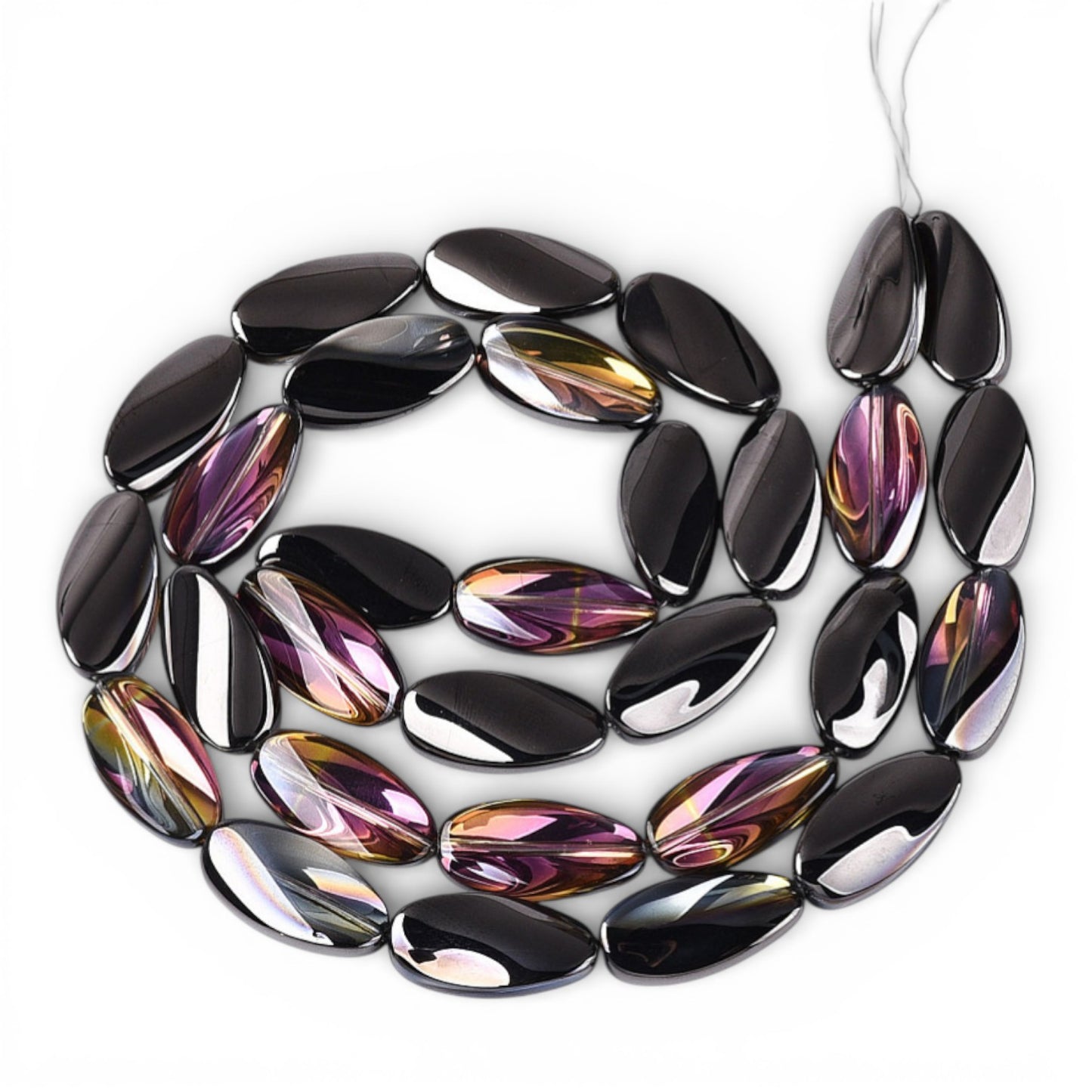 x1 Fil de Perles de verre électroplaquées – Ovales torsadées – Noir Reflets violet