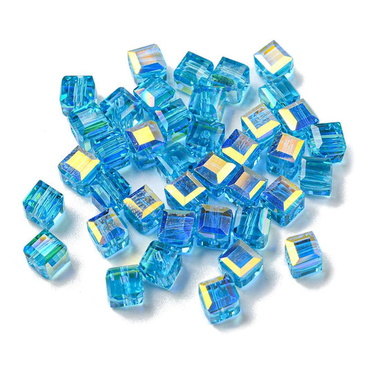 x10 Perles de Verre Facettées Électroplaquées – Cube Bleu Turquoise AB – 5,5 mm