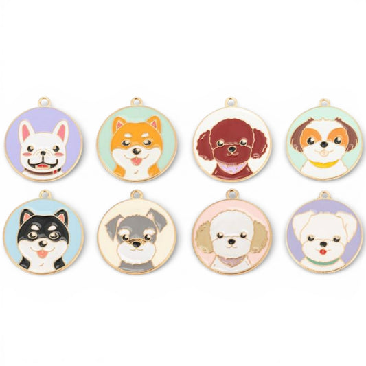 x1 Pendentif Rond Plat Émaillé – Motif Chien – Doré – 28 mm