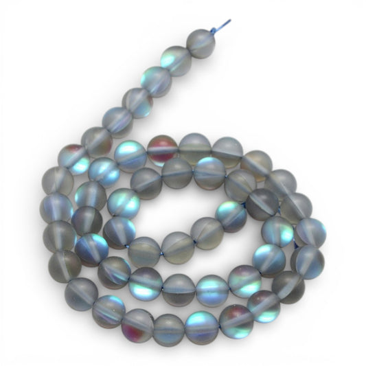 x1 Fil de Perles Holographiques Givrées – Rondes 8 mm – Gris reflets bleus