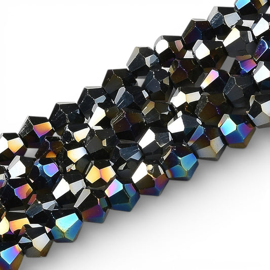 x1 Fil de Perles de Verre Transparentes Facettées – Biconiques 4 mm – Noir AB