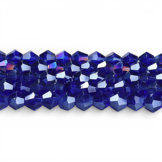 x1 Fil de Perles de Verre Transparentes Facettées – Biconiques 4 mm – Bleu Foncé AB