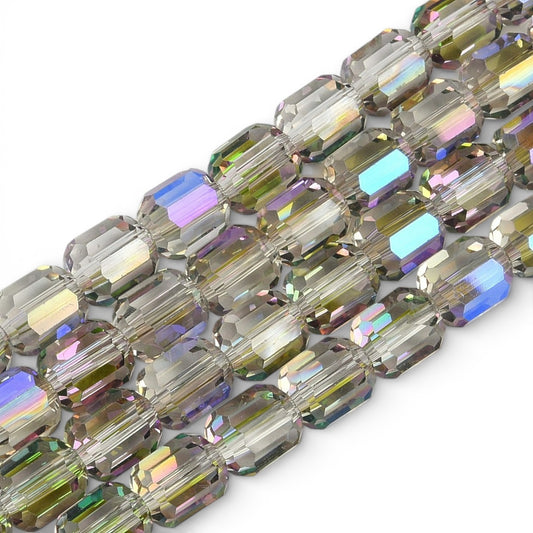 x1 Fil de Perles de verre électroplaquées – Cylindriques à facettes 9 x 7,5 mm – Gris reflets vert et violet