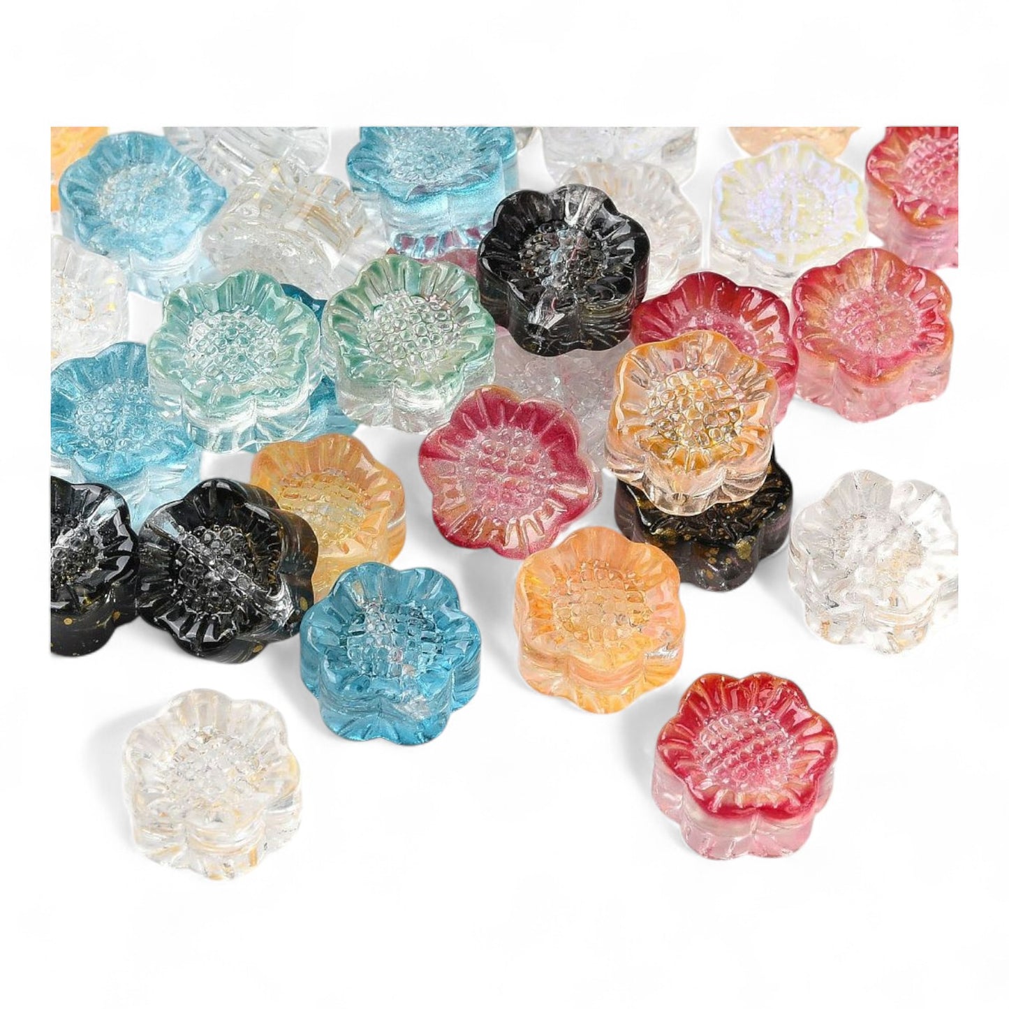 x8 Perles en Verre Transparentes – Forme Fleur – Couleurs Mélangées – 12,5 x 11,5 x 6 mm