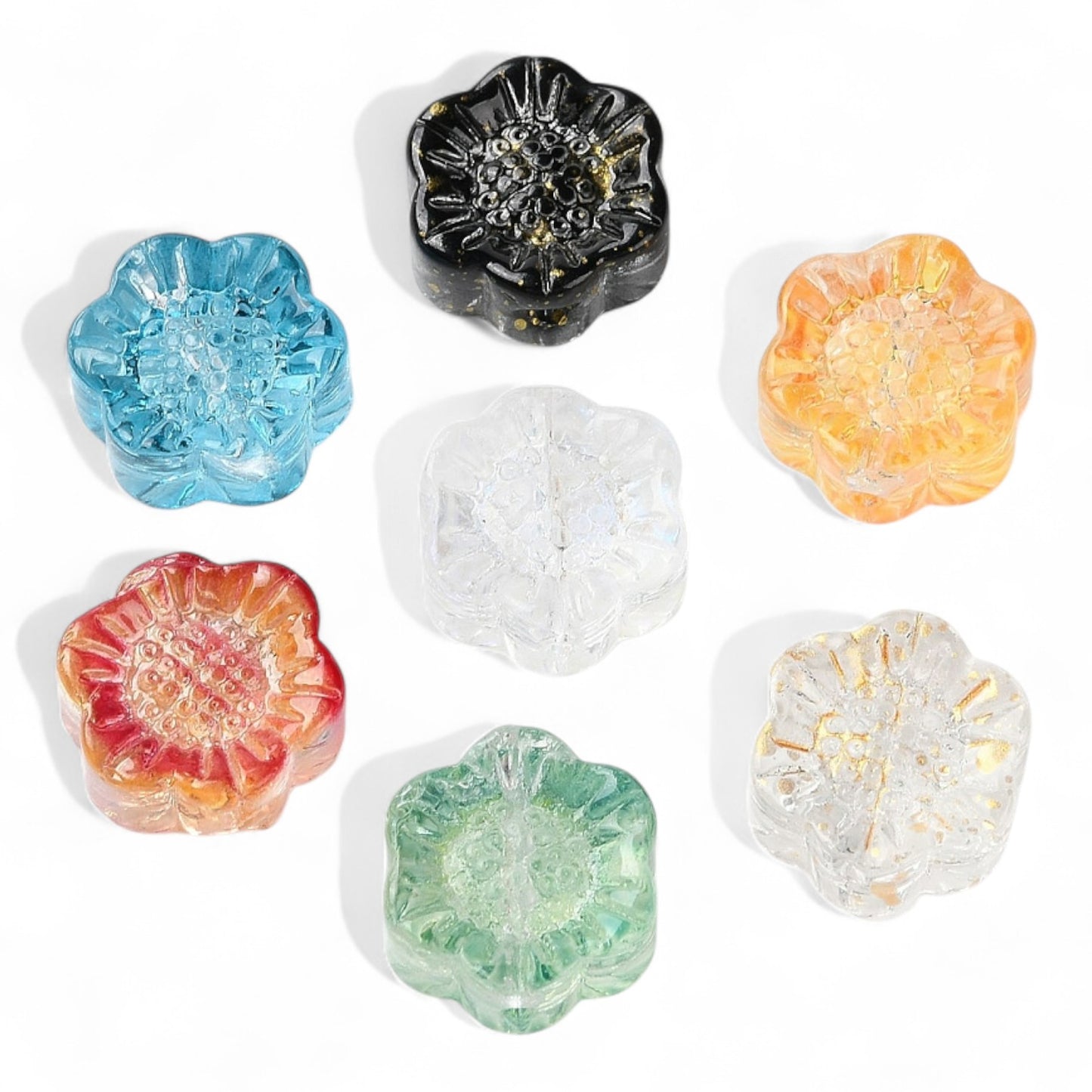 x8 Perles en Verre Transparentes – Forme Fleur – Couleurs Mélangées – 12,5 x 11,5 x 6 mm