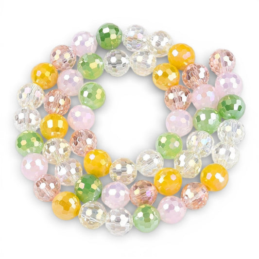 x1 Fil de Perles en Verre Électroplaqué à Facettes – Rose, Jaune et vert – 8 mm