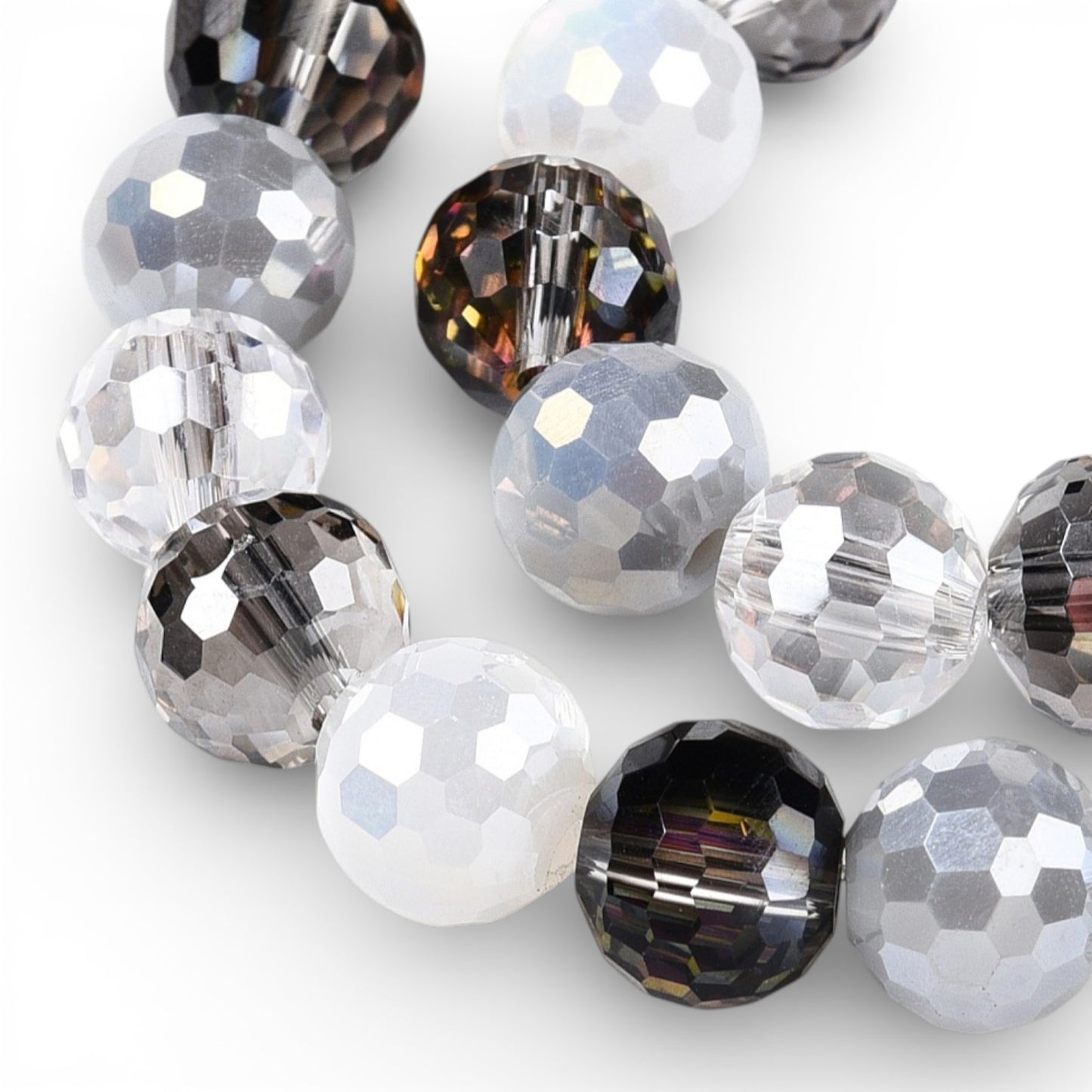 x1 Fil de Perles en Verre Électroplaqué à Facettes – Noir, Gris et blanc – 8 mm