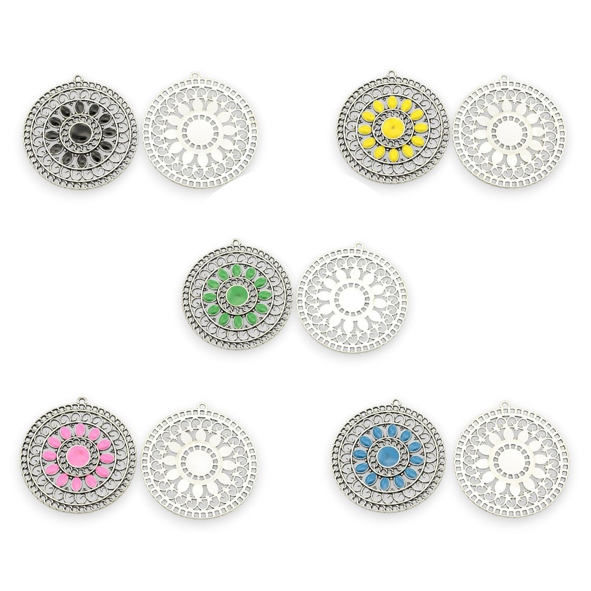 x1 Pendentif en alliage émaillé ton argent antique, ronds et plats – couleurs au choix