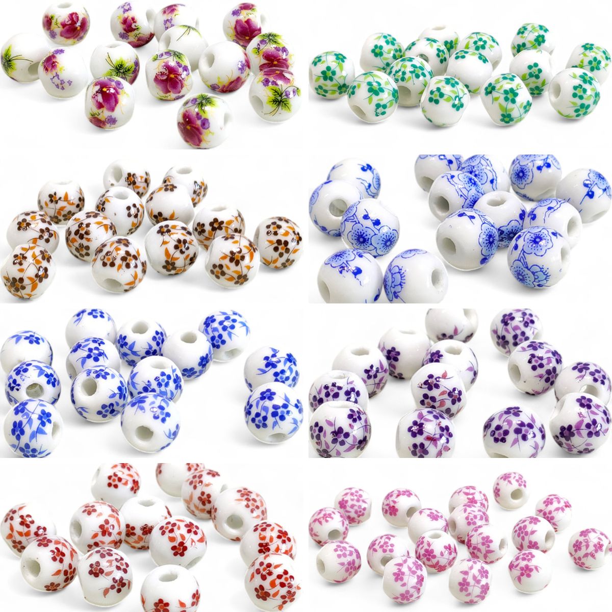 x1 Perle en Céramique Blanche à Fleurs – Ø10 mm