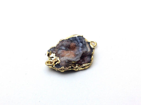 Connecteur en tranche d’agate naturelle Druzy – Gris et laiton doré