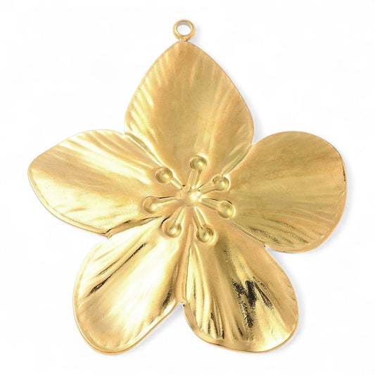 x1 Grand Pendentif Fleur en acier inox 304 – Plaqué or 18K IP – 44 mm