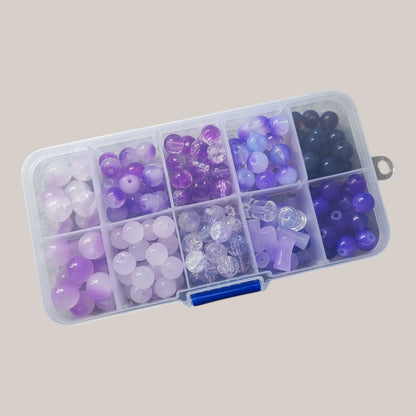 Boîte de Perles en Verre Dégradé Violet et Parme – 8 ou 10 mm – ~170 Perles