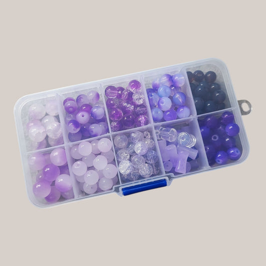 Boîte de Perles en Verre Dégradé Violet et Parme – 8 ou 10 mm – ~170 Perles