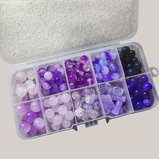 Boîte de Perles en Verre Dégradé Violet et Parme – 8 ou 10 mm – ~170 Perles