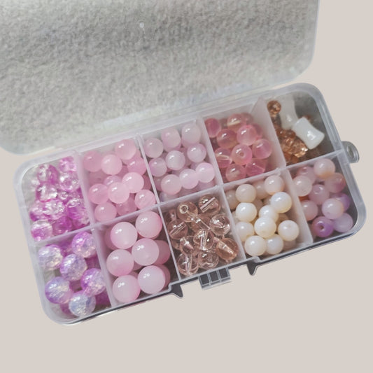 Boîte de Perles en Verre Dégradé de Roses – 8 ou 10 mm – ~170 Perles