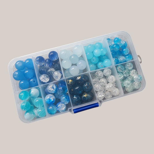 Boîte de Perles en Verre Dégradé de Bleus – 8 ou 10 mm – ~155 Perles