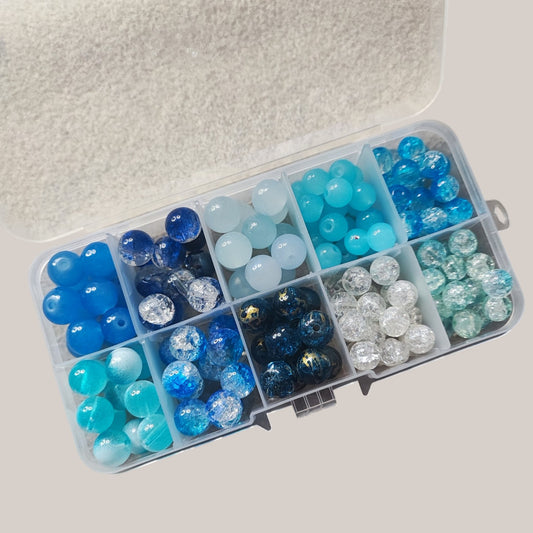 Boîte de Perles en Verre Dégradé de Bleus – 8 ou 10 mm – ~155 Perles