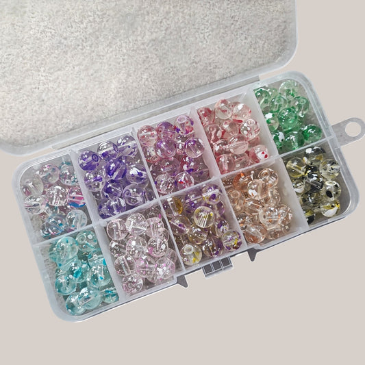 Boîte de 10 Compartiments – Perles Transparentes Tachetées – 8 mm – 200 Perles