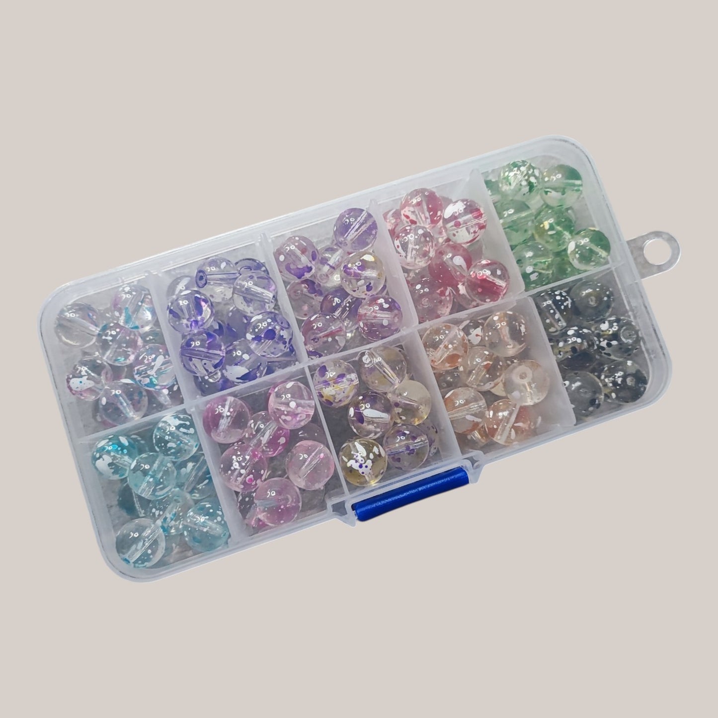 Boîte de 10 Compartiments – Perles Transparentes Tachetées – 10 mm – 120 Perles